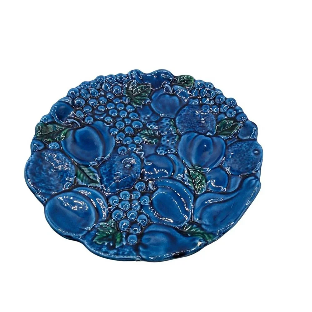 Vintage MCM Inarco Blue Mood Pedestal Cake Plate Dessert Tray Textured Fruit